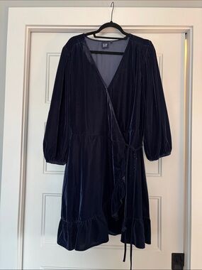 GAP Deep Navy Velvet Wrap Dress with Ruffle Hem